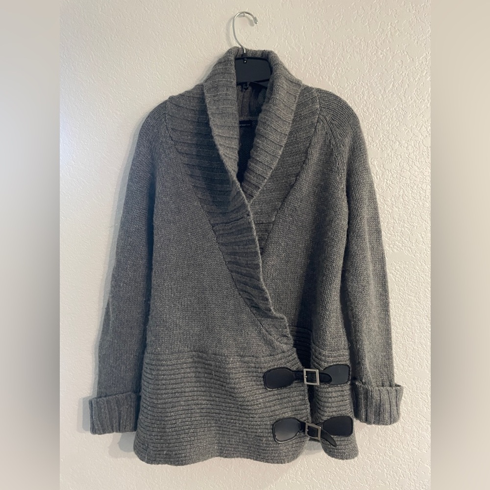 Moda International Women's Acrylic Blend Gray Cozy Plush Cardigan Belted sz S